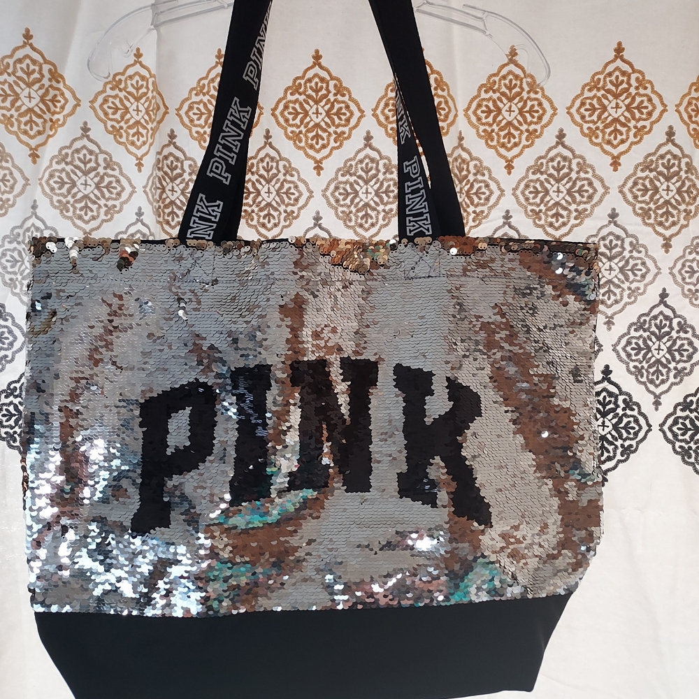 PINK Victoria's Secret Silver Sequin Tote with Black Accents